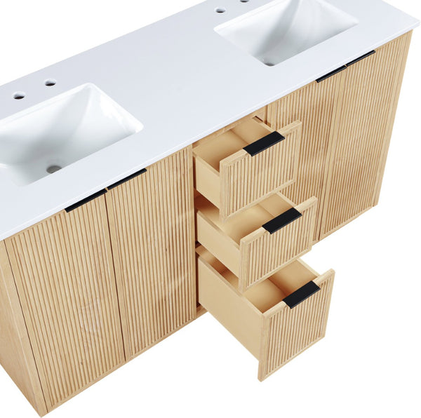 Meridian Furniture Willard Solid Wood Bathroom Vanity with Engineered Stone Top and Soft Close Drawer Storage Natural 60 inches 436Natural-60