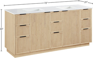 Meridian Furniture Willard Solid Wood Bathroom Vanity with Engineered Stone Top and Soft Close Drawer Storage Natural 72 inches 436Natural-72