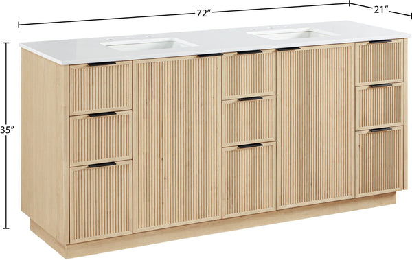 Meridian Furniture Willard Solid Wood Bathroom Vanity with Engineered Stone Top and Soft Close Drawer Storage Natural 72 inches 436Natural-72