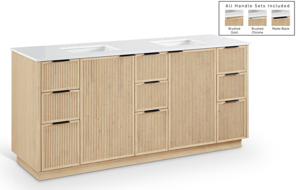 Meridian Furniture Willard Solid Wood Bathroom Vanity with Engineered Stone Top and Soft Close Drawer Storage Natural 72 inches 436Natural-72