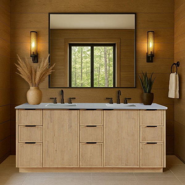 Meridian Furniture Willard Solid Wood Bathroom Vanity with Engineered Stone Top and Soft Close Drawer Storage Natural 72 inches 436Natural-72