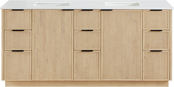 Meridian Furniture Willard Solid Wood Bathroom Vanity with Engineered Stone Top and Soft Close Drawer Storage Natural 72 inches 436Natural-72