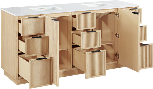 Meridian Furniture Willard Solid Wood Bathroom Vanity with Engineered Stone Top and Soft Close Drawer Storage Natural 72 inches 436Natural-72