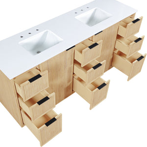 Meridian Furniture Willard Solid Wood Bathroom Vanity with Engineered Stone Top and Soft Close Drawer Storage Natural 72 inches 436Natural-72