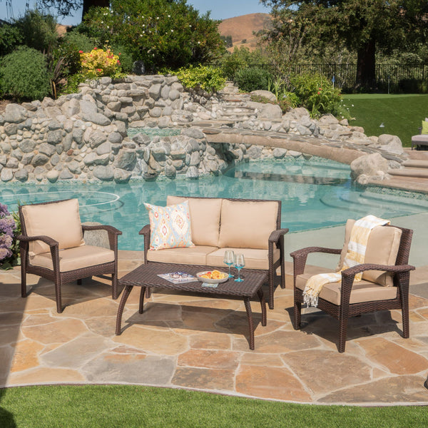 English Elm Christopher Knight Home® - HONOLULU Stylish 4PC PE Wicker Patio Set with Durable Iron Frame, Waterproof Cushions, Compact Lounge Brown+Tan 52917.00IRN