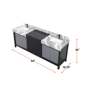 English Elm Black Black and Grey Double Bath Vanity 84in W x 22in D with Castle Grey Marble Top and Gun Metal Faucet Set B2731P261130