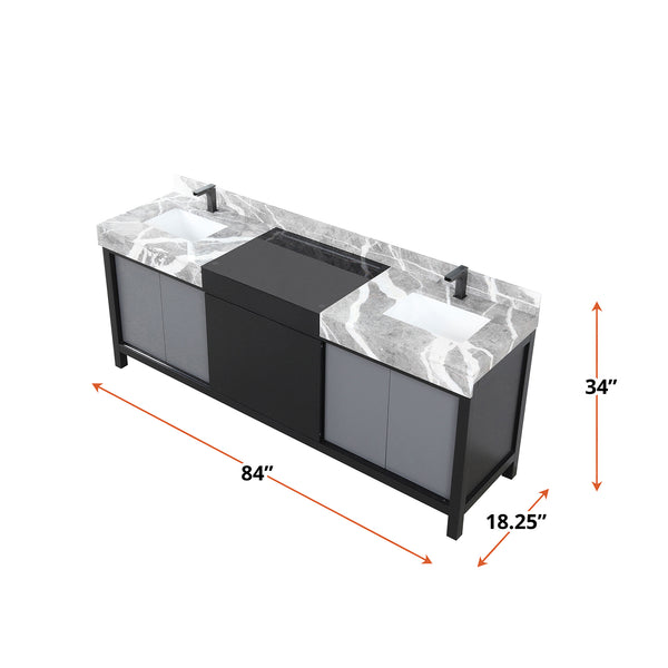 English Elm Black Black and Grey Double Bath Vanity 84in W x 22in D with Castle Grey Marble Top and Gun Metal Faucet Set B2731P261130