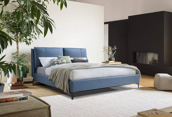 English Elm Upholstered Plush Queen Bed with Padded Headboard and Platform Base, 100% Polyester Luxury Finish Blue 96.5 L x 13.5 W x 9 H B2699S00038