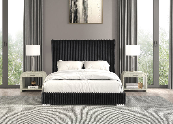 English Elm Bedroom Elegant Contemporary Queen Bed with Fur Chenille Upholstery, Engineered Wood Frame, Mattress-Ready Black 64.5 L x 73.5 W x 6.5 H B2741P320883