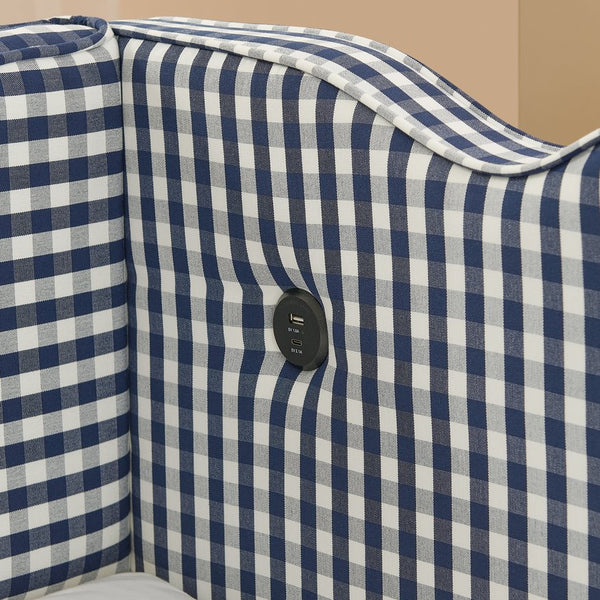 English Elm Cozy Twin Gingham Daybed with Trundle Sofa Bed, Linen Upholstery, USB Port, Wave Frame Design Navy W1413S00101