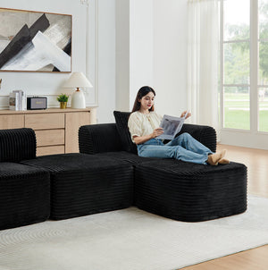 English Elm 114" Cloud Sectional Couch with L-Shape Chaise Modular Corduroy Sofa with Movable Ottoman, No Assembly Required, Plush Comfort for Living Spaces Black W1117P371650