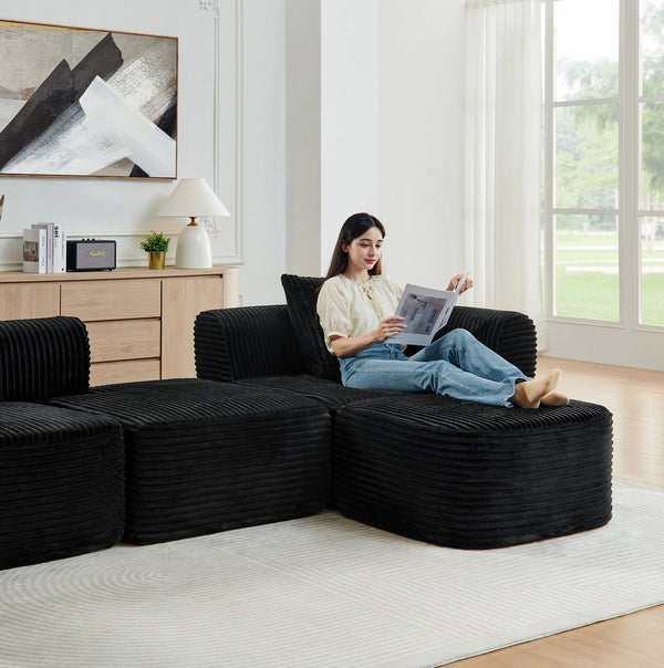 English Elm 114" Cloud Sectional Couch with L-Shape Chaise Modular Corduroy Sofa with Movable Ottoman, No Assembly Required, Plush Comfort for Living Spaces Black W1117P371650