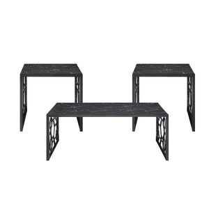 English Elm Modern Melody 3-Piece Occasional Table Set – Marble-Print Tempered Fluted Glass Top, Black Geometric Base, Cocktail + 2 End Tables B011P297644