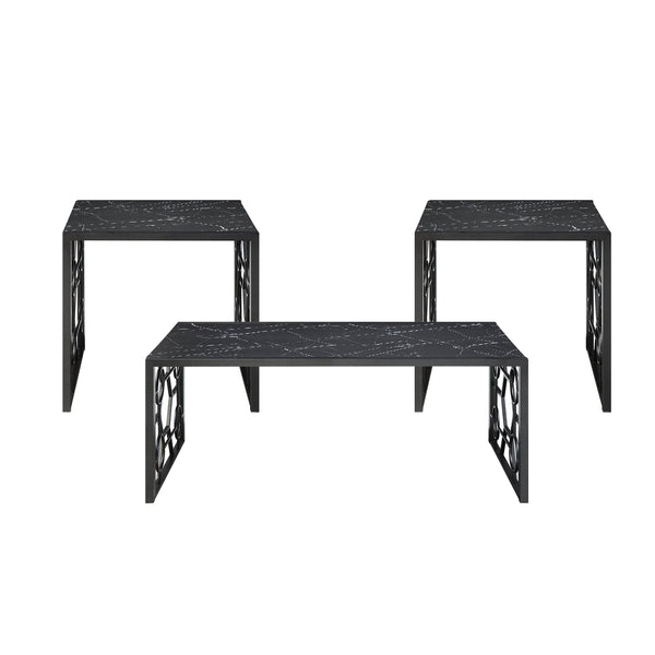 English Elm Modern Melody 3-Piece Occasional Table Set – Marble-Print Tempered Fluted Glass Top, Black Geometric Base, Cocktail + 2 End Tables B011P297644