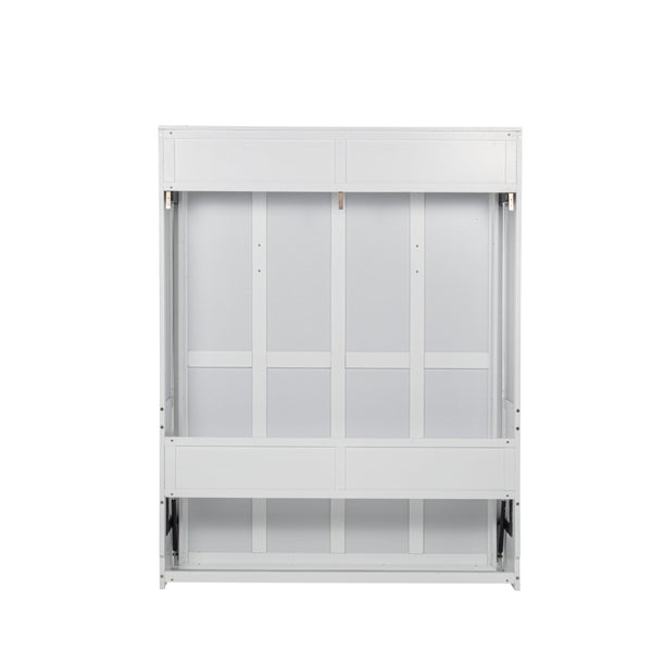 English Elm Queen Murphy Wall Bed with Integrated Desk Gas Strut Lift White Cabinet for Small Spaces W504S00282