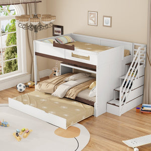 English Elm House-shaped Pine Bunk Bed with Built-in Slide Storage Staircase Twin Over Full Kids Frame White N820S00067K