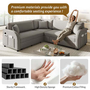 English Elm 85.1" Teddy Plush L-shaped Sectional Sleeper Sofa with Usb Ports and Pull Out Bed Light Grey W1885S00320