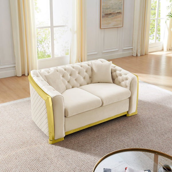 English Elm Luxury Velvet Tufted Chesterfield Loveseat with Gold Steel Trim for Living Room Beige W1191S00116