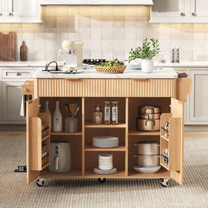 English Elm K&k Fluted Rolling Kitchen Island Faux Marble Top Power Outlet Drop Leaf Storage Natural N707S000019Y