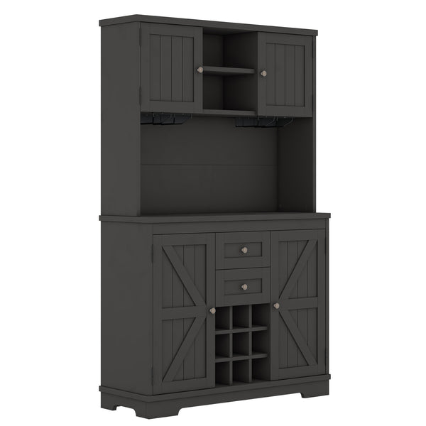 English Elm Coffee Bar Cabinet Dark Blue Farmhouse Buffet with Wine Cubbies, Stemware Rack, Drawers, Shelves & Prep Space Black W1580S00088