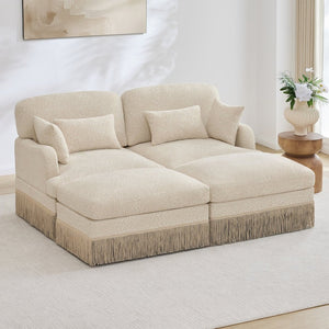 English Elm Comfy Chenille Leopard Print Loveseat with Tassel Trim and Movable Ottoman Modules Beige W5656S00003