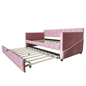 English Elm Modern Velvet Twin Daybed with Pull Out Trundle and Built in Armrest Storage Pockets Pink SF000200AAH