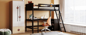 English Elm Twin Loft Bed with Built-in Desk and Open Shelves Solid Pine Kids Study Sleep Espresso LT001537AAP-1