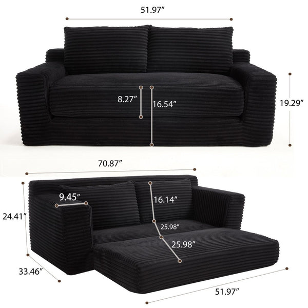 English Elm Loveseat Convertible Corduroy Sofa Bed with Memory Foam Steel Frame for Small Spaces Black W2959P425090