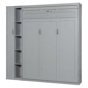 English Elm Queen Murphy Wall Bed with Led Lighting Open Shelves and Wardrobe Cabinet Storage LP000899AAE