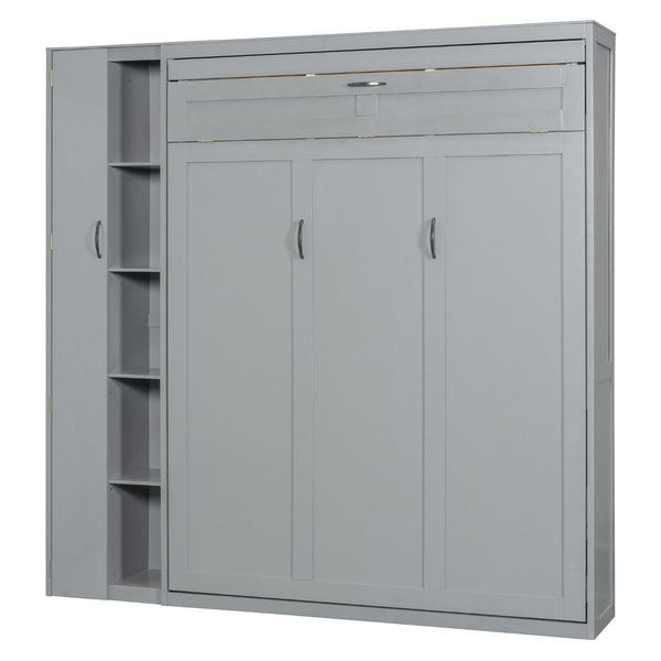 English Elm Queen Murphy Wall Bed with Led Lighting Open Shelves and Wardrobe Cabinet Storage LP000899AAE