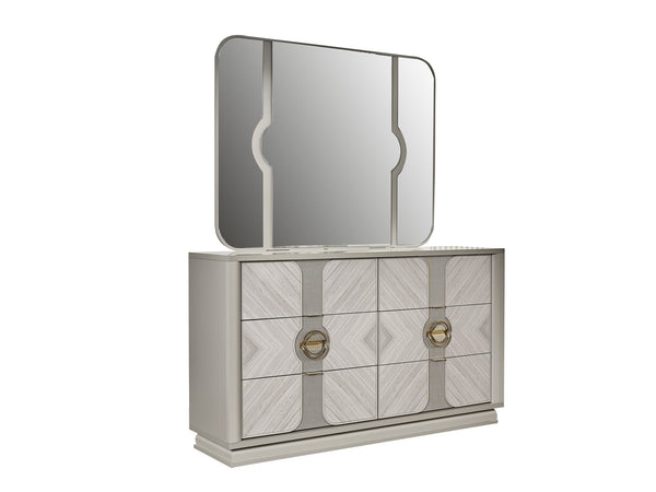 English Elm Eternity Eucalyptus-Veneer Mirror with Gold Accents, High-Gloss Lacquer Finish, Elegant Beige Statement Piece B009P291906