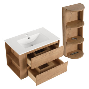 English Elm 30" Wall-Mounted Bathroom Vanity With Ceramic Sink, 2 Soft-Close Drawers & Space-Saving Rack W999S00343