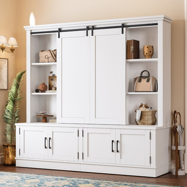 English Elm The Industrial Barn Door Entryway Cabinet with Sliding Rails and 12 Storage Compartments White W1580S00271