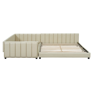 English Elm Queen Upholstered Platform Bed with Twin XL Daybed Set, PU Leather, Space-Saving Convertible Duo for Guests and Kids Beige SF100115AAA