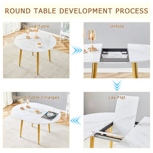 English Elm Table and Chair Set Extendable Round Mdf Dining with Gold Legs Four Pu Seats W1151S03954