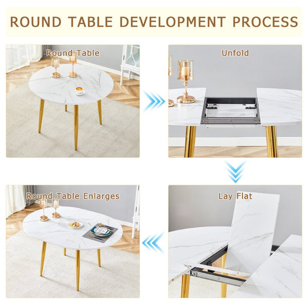English Elm Table and Chair Set Extendable Round Mdf Dining with Gold Legs Four Pu Seats W1151S03954