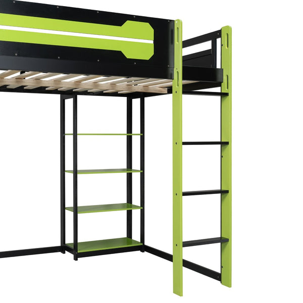 English Elm Full Size Loft Bed with Rgb Lighting Chevron Desk Usb Charging Ports and Storage Shelves Black+Green LT000286AAG