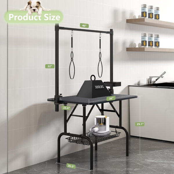 English Elm 36''large Folding Dog Grooming Table with Arm Noose Mesh Tray for Home Pet Care W3587P358726