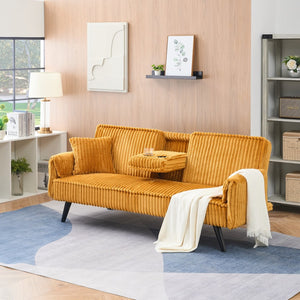 English Elm Minimalist Corduroy Reclining Sofa with Convertible Flat Sleeper and Cup Holder Orange W3356P421778