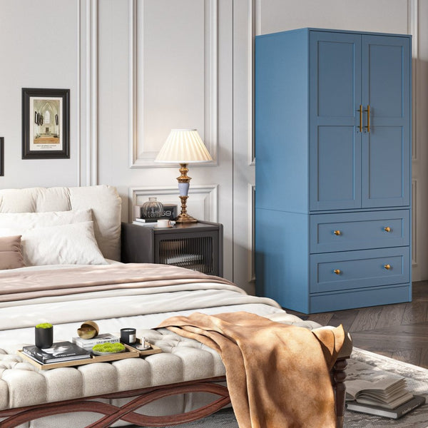 English Elm Shaker Two Door Wardrobe Armoire with Hanging Rod Drawers and Bedroom Storage T3210P477664