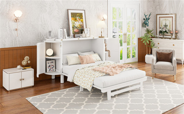 English Elm Full Murphy Bed with Woven Rattan Cabinet Front and Built-in Side Storage Units White LP000599AAK