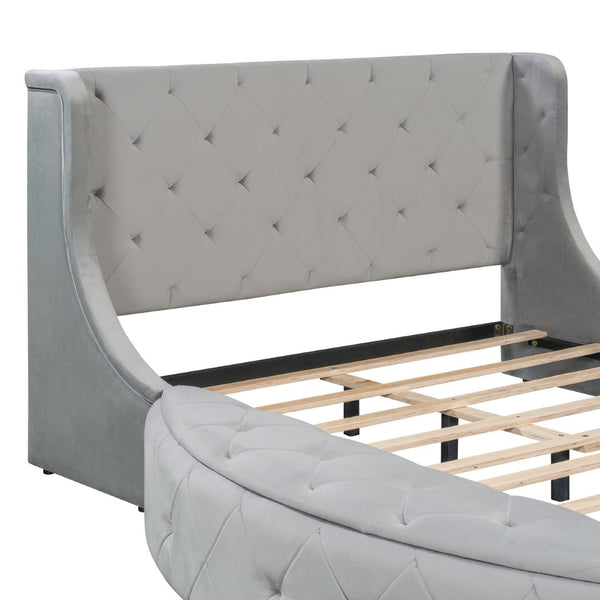 English Elm Upholstered Queen Platform Bed Velvet Wingback Frame with Storage Drawer and Side Stools Gray LP200815AAE