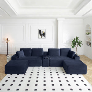 English Elm 125'' Modular L-shape Sectional Corduroy Cloud Couch with Storage and Usb Charging Blue W1117S00423