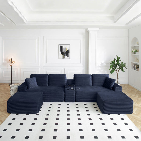 English Elm 150'' Modular Corduroy Sectional with Deep Seating Usb Ports and Hidden Storage Blue W1117S00409