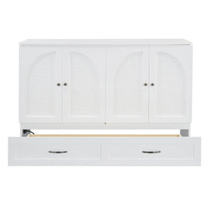 English Elm Queen Murphy Wall Bed with Usb Ports Storage Drawers and Cabinet Style Panel Front White N708S00010K-1