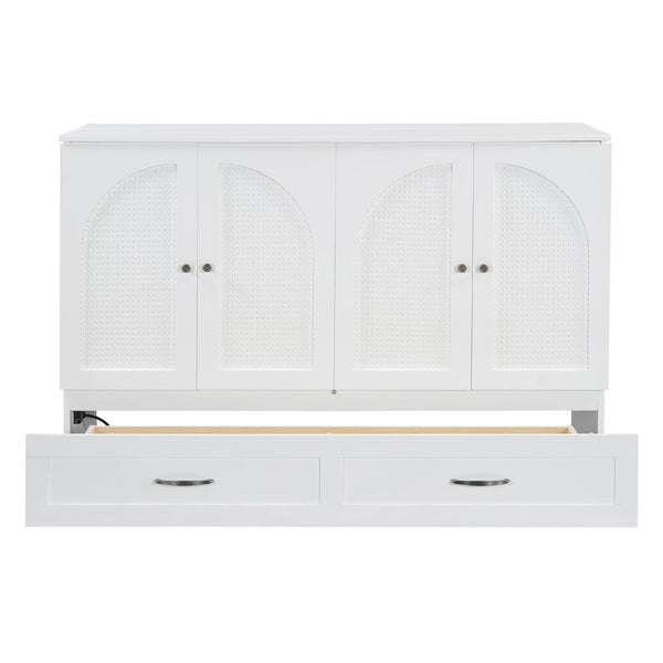 English Elm Queen Murphy Wall Bed with Usb Ports Storage Drawers and Cabinet Style Panel Front White N708S00010K-1