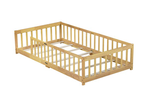 English Elm Twin Size Floor Bed With Safety Guardrails, Eco-Friendly Rubberwood Design For Toddler Independence W504P286397-GIGA