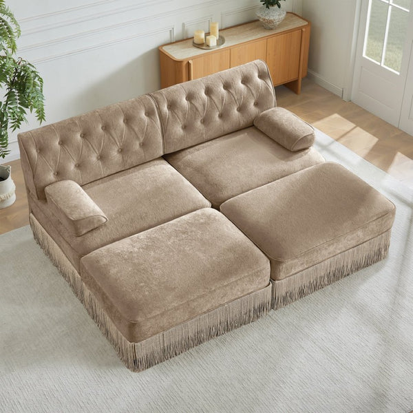 English Elm With Tufted Velvet Sectional Sofa Two Ottomans Tassel Skirt French Chesterfield Living Room Camel W714S01744