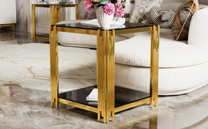 English Elm Modern Round Mirrored Glass End Table with Gold Metal Frame and Lower Display Shelf Black N735P380093B