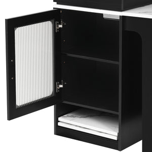 English Elm K&K Modern Extendable 59.5" Kitchen Island with Double-Sided Storage, Power Outlet & Casters Black N707S000017B